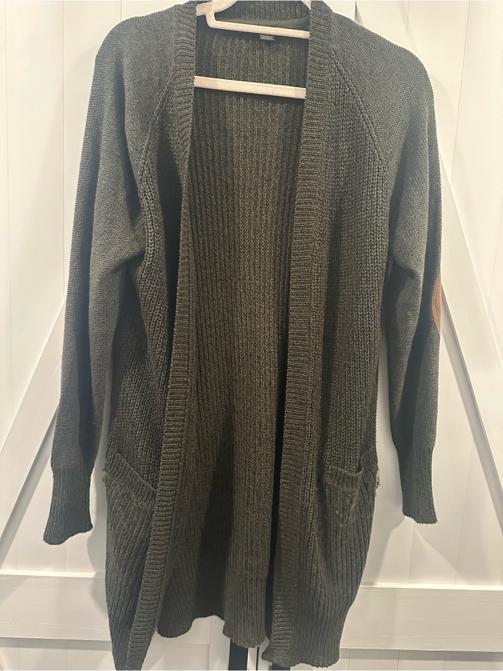 Open-Front Olive Knit Cardigan with Elbow Patches